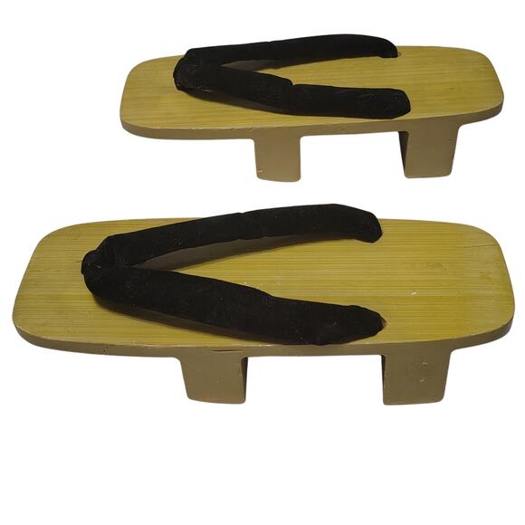 Vintage Traditional Geta Clogs Sandals Brown Wood Black Velvet Thongs Size 10.5 - Picture 2 of 10